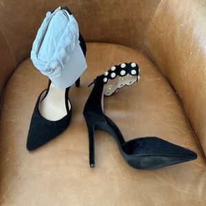 Shoe Republic LA Black Pearl-Embellished Scallop Ankle Strap Pointed Heels